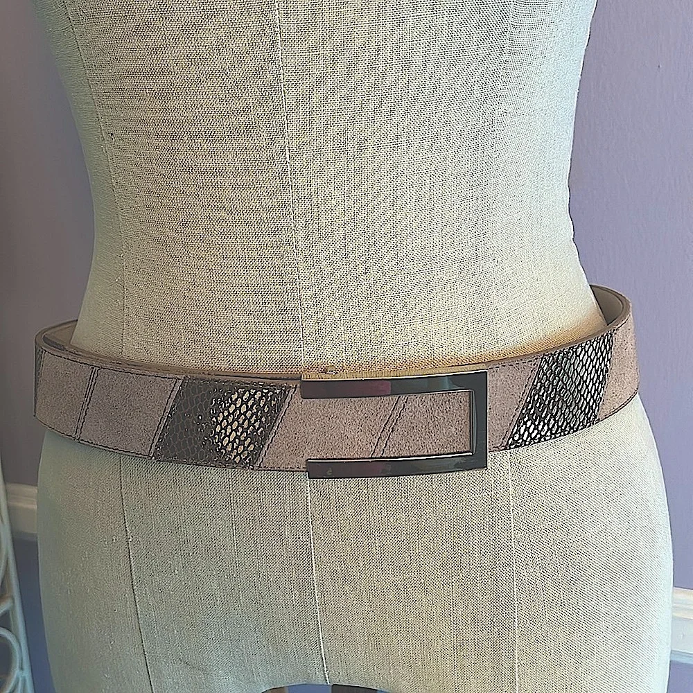 White House Black Market tan suede and gold snakeskin patchwork leather belt